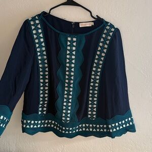 Tory Burch silk  Navy and Teal Patterned Blouse
